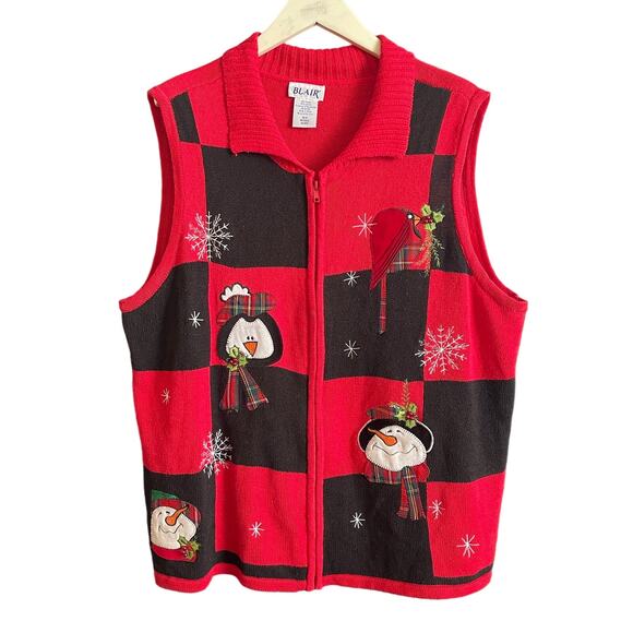 VINTAGE 90s Blair Tartan Cardinals & Snowmen Ugly Christmas Sweater Vest Size L - Picture 1 of 6